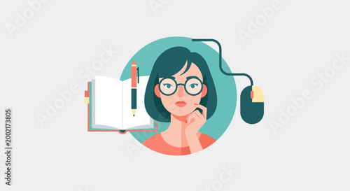 Woman wearing glasses thinks deeply with headset and notebook nearby indoors