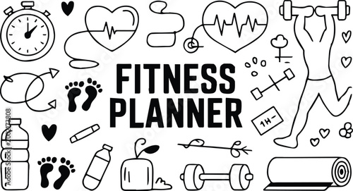 fitness planner vector set with gym icons calendar and tracker