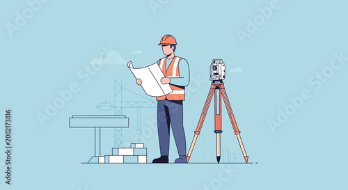 A construction worker examines blueprints on a site with a surveying tripod and blocks nearby.