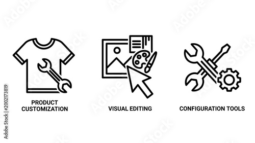 Product customization and visual editing configuration tools icons with t shirt customization configuration settings software development personalization mechanic maintenance engineering