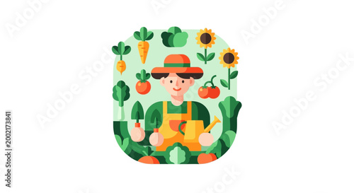 A farmer holds vegetables surrounded by plants and sunflowers outdoors.