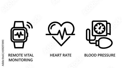 Remote health monitoring and medical diagnostic icons with blood pressure monitoring pressure cardiology smartwatch wellness diagnostics measurement technology tracking hospital healthcare