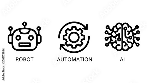 Artificial intelligence robot automation and neural network icons with automation intelligence technology innovation processing computing development technical engineering cybernetic