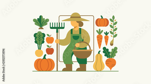A farmer holds a basket and rake surrounded by various colorful vegetables.