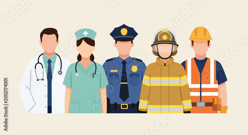 Emergency responders including doctor nurse police officer firefighter and construction worker standing together