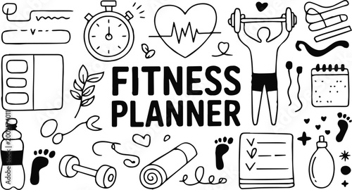 fitness planner icons and doodles for workout schedule and meal