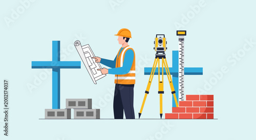 A construction worker in a hard hat examines blueprints next to building materials and surveying equipment on a construction site.