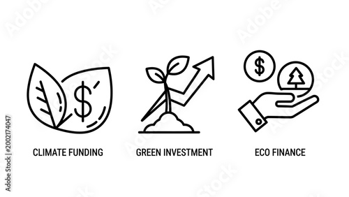 Green finance and climate funding concept icons with investment interface illustration sustainability business conservation currency environmental protection strategy management corporate