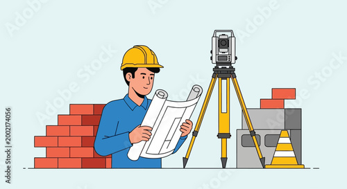 Man in hard hat examines blueprints on construction site with survey equipment
