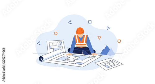 An engineer reviews construction plans on a table with blueprints and a computer.