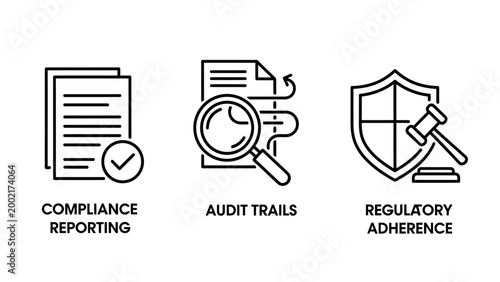 Regulatory compliance and business audit line icons with compliance regulation business document verification governance standards corporate management assessment investigation validation