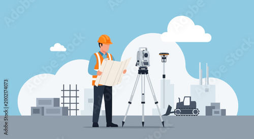 A construction worker examines blueprints on a site with surveying equipment nearby.