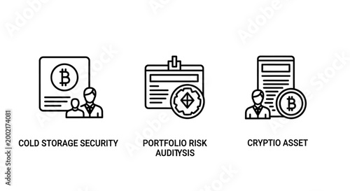 Cryptocurrency investment and security icons set with cryptocurrency security portfolio blockchain investment protection management business technology currency financial illustration