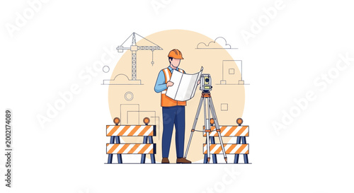 A construction worker examines blueprints on a site with a tripod and crane in the background.