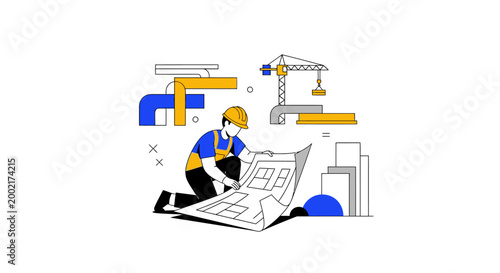 A construction worker examines a large blueprint on-site amidst architectural drawings and equipment.