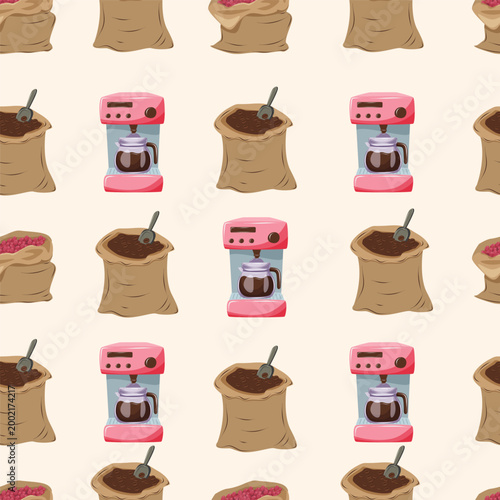 Seamless coffee pattern with beans, sacks and coffee machine. Cozy cafe design ideal for packaging, textile, wrapping paper and coffee branding.