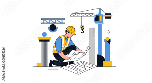 A worker in a hard hat examines blueprints on a construction site with a crane.