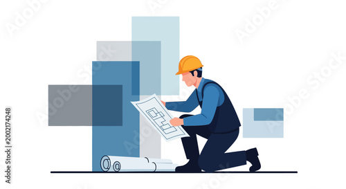 A worker kneels on a construction site examining blueprints amidst industrial buildings.