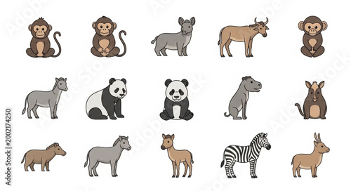 Collection of Diverse Cartoon Animals Standing and Sitting.