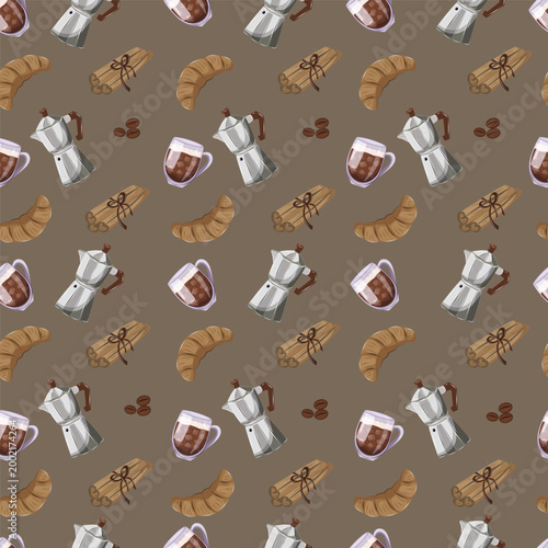 Seamless coffee pattern with moka pot, croissants and cups. Cozy cafe style design perfect for packaging, textile, wrapping paper and backgrounds.