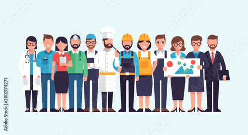 A diverse group of professionals and workers standing together outdoors in an urban setting.