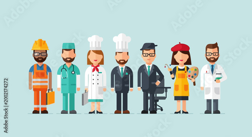 A diverse group of professionals standing together in a line outdoors