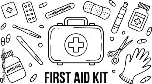 first aid kit vector line art of first aid items and supplies