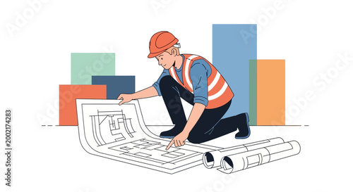A worker in an orange vest examines construction blueprints on-site.
