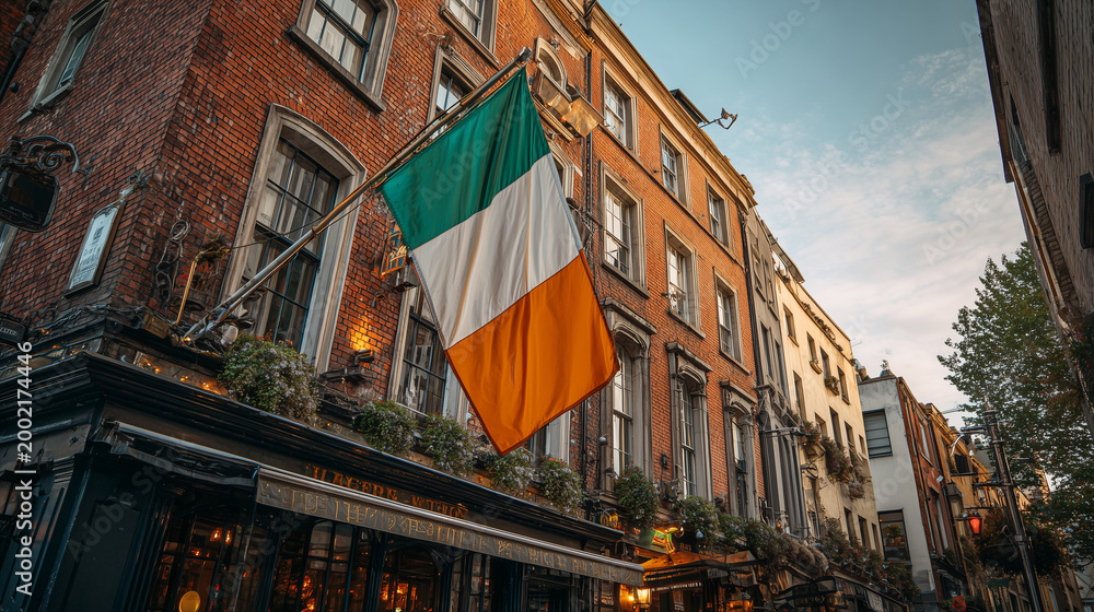 Obraz premium ireland irish flag waving in a pub street