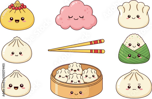 Cute Kawaii Chinese Dim Sum and Dumpling Character Set with Chopsticks for Asian Food, Restaurant, and Cartoon Sticker Illustration Designs