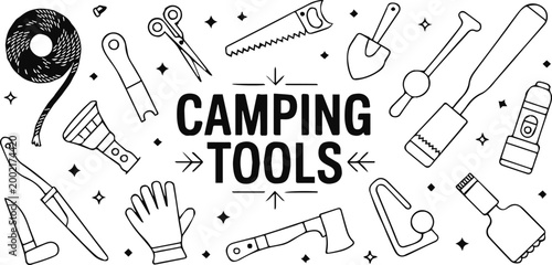 camping tools icon set rope whistle mallet knife axe shovel flashlight
