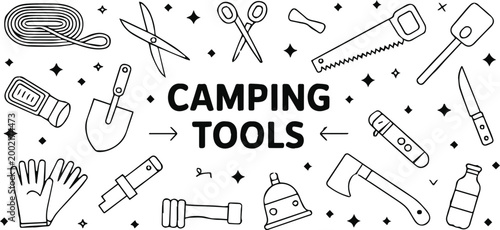 camping tools outlined icons rope knife axe shovel flashlight bottle