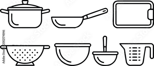 kitchen cookware outline icons cooking pot frying pan measuring cup