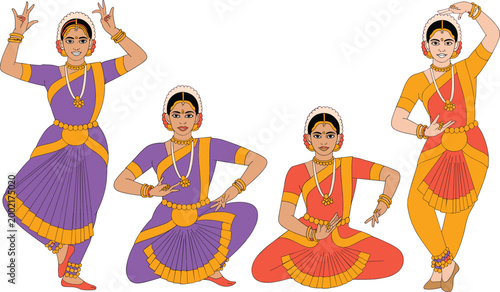Elegant Bharatanatyam dancers in traditional colorful costumes performing classical Indian dance poses with expressive hand gestures