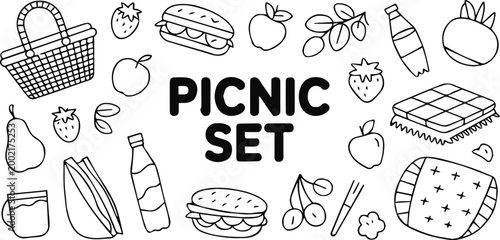 picnic set elements basket blanket sandwich fruit bottle cup utensils