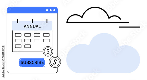 Cloud computing, subscription plans, time management, SaaS platforms, digital payments, financial planning. Annual payment calendar and cloud graphic. Cloud computing and subscription plans visual