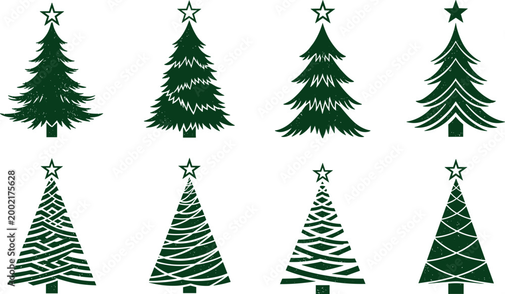 Obraz premium Dark Green Christmas Tree Silhouette Set with Star Topper in Various Styles for Holiday, Festive, and Xmas Season Decoration Designs