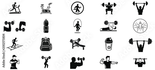 Collection of black and white gym and fitness icons set