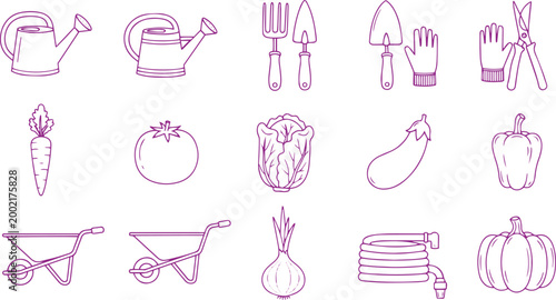 Garden tools and vegetables doodle icon set vector illustration