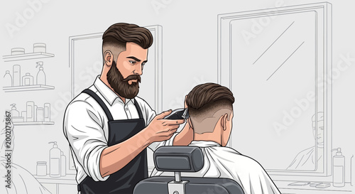 A barber cuts a man's hair with clippers in a salon chair.
