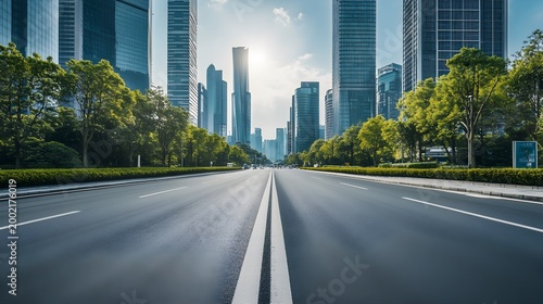 Wide asphalt road leading to modern city skyscrapers and green trees