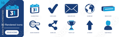 3D rendered icon set. Containing calendar, check mark, envelope, globe, media player, magnifier, share link, trophy cup, up arrow, user profile, email and more. Solid fill vector icons.