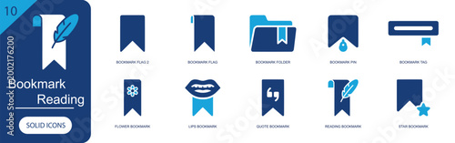 Bookmark reading icon set. Containing bookmark flag, bookmark folder, bookmark pin, bookmark tag, flower, lips, quote, reading, star bookmark, feather and more. Solid fill vector icons.