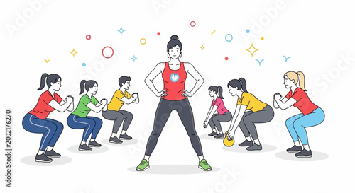 Group fitness class with instructor leading squats exercise routine outdoors