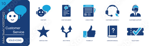 Customer service icon set. Containing chat bot, chat document, check form, customer support, service star, split paths, thumbs up, manual, valid ticket and more. Solid fill vector icons.