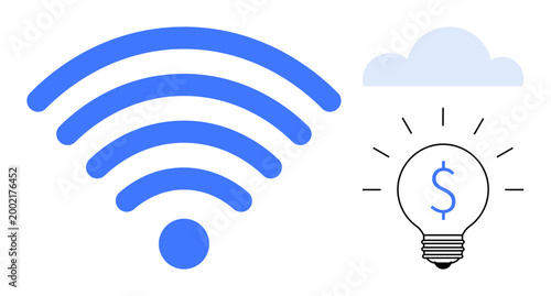 Technology, innovation, internet, finance, connectivity, cloud computing. wireless symbol, glowing lightbulb with dollar sign and cloud graphic. Technology and innovation idea visualization