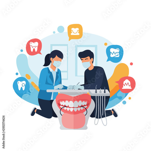 Flat vector illustration of male and female dental professionals wearing face masks and gloves while working on a large dental anatomical model with floating medical oral icons.