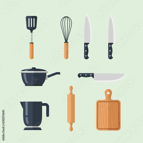 Vector illustration set of kitchen utensils including a slotted spatula, whisk, chef knives, saucepan with lid, electric kettle, wooden rolling pin, and a wood cutting board.