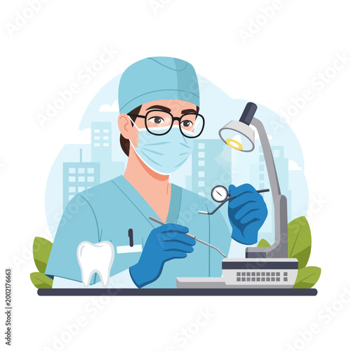 Flat illustration of a professional male dentist in blue scrubs, surgical mask, and gloves holding dental tools like a probe and mirror next to a large tooth and examination lamp.