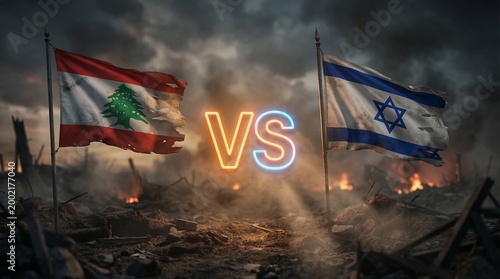 Lebanon and israel flags on fire in a war zone with vs symbol